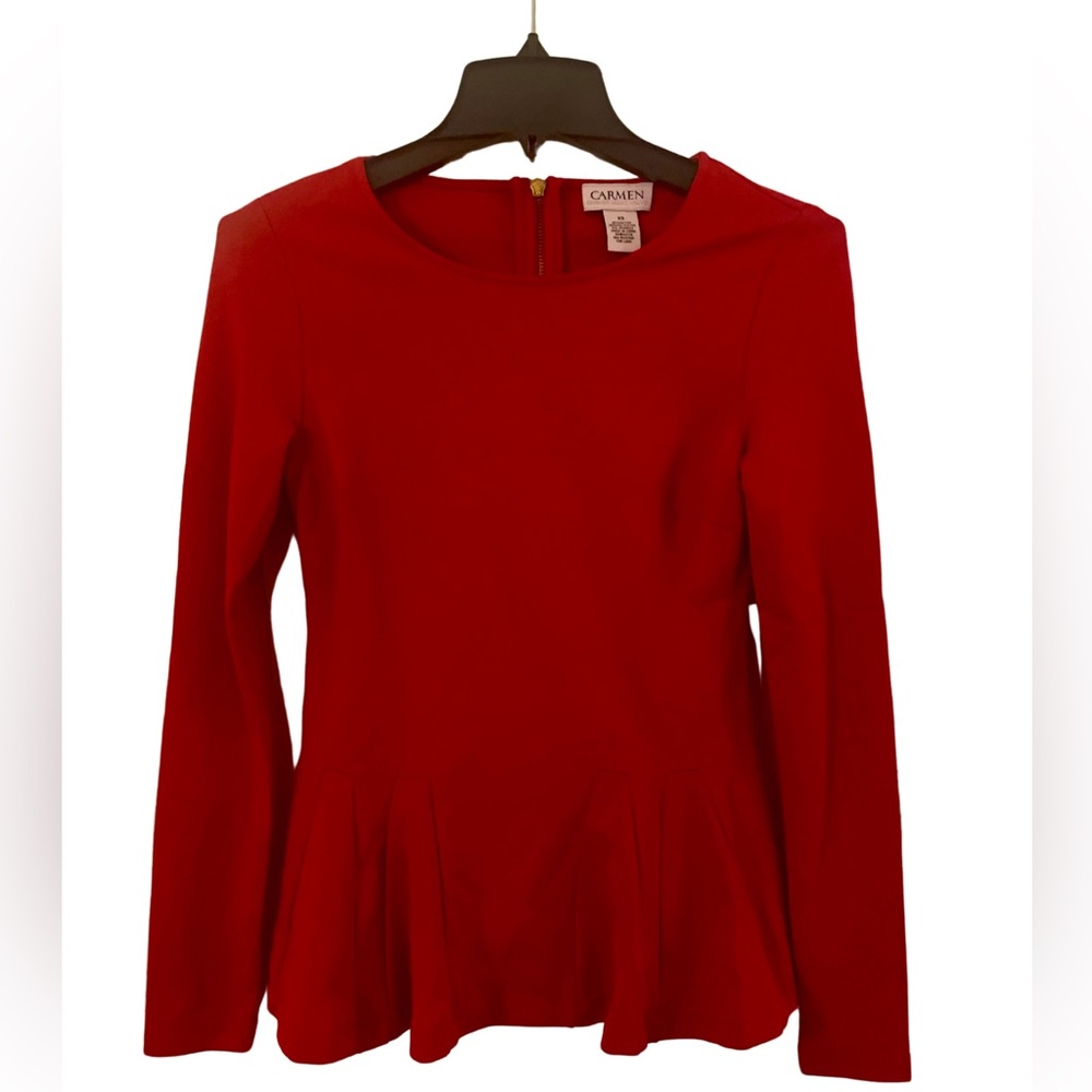 NWOT! Luxury Designer Carmen Marc Valvo Red Long-Sleeve Peplum Top Flattering XS